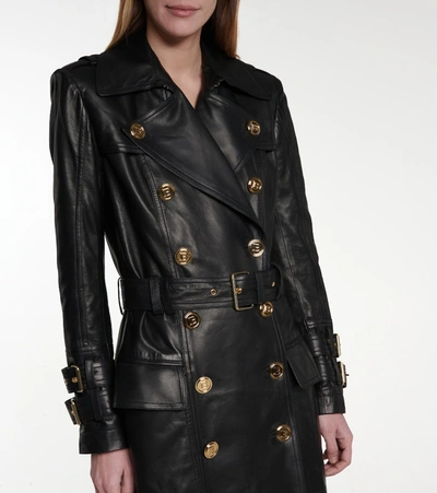 Shop Balmain Leather Trench Coat In Black