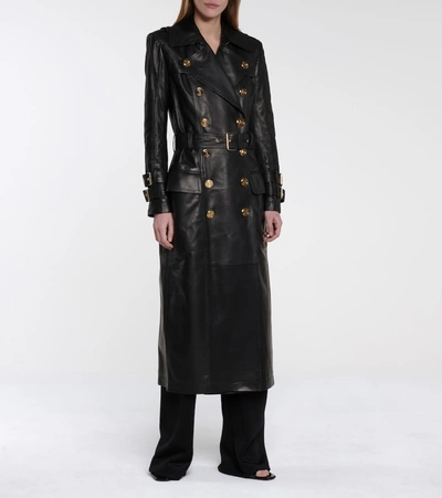 Shop Balmain Leather Trench Coat In Black