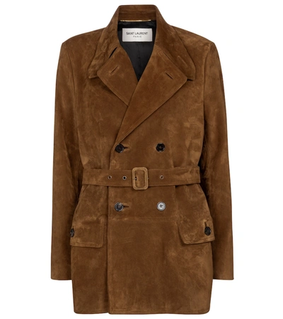 Shop Saint Laurent Belted Suede Jacket In Brown