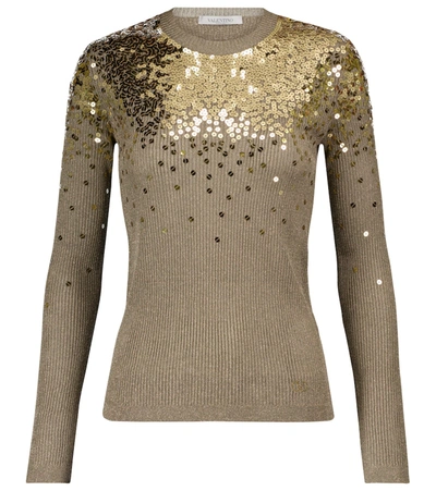 Shop Valentino Sequined Ribbed-knit Sweater In Gold