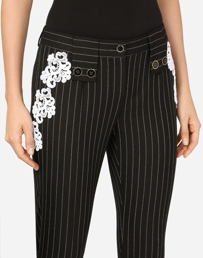 Shop Dolce & Gabbana Pinstripe Wool Pants With Macramé Embellishment In Multicolor