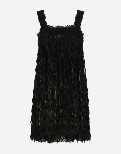 Shop Dolce & Gabbana Tulle Midi Dress With Emroidered Fringing In Black