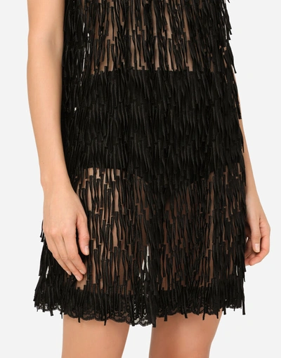 Shop Dolce & Gabbana Tulle Midi Dress With Emroidered Fringing In Black