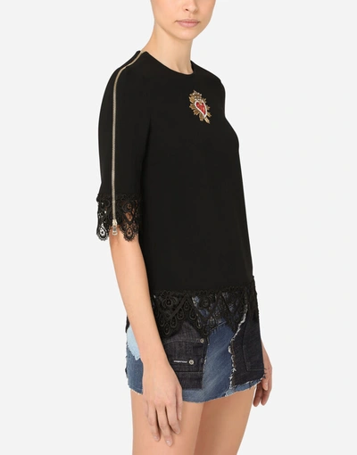 Shop Dolce & Gabbana Cady Blouse With Lace Trims And Patch Embellishment In Black