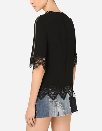 Shop Dolce & Gabbana Cady Blouse With Lace Trims And Patch Embellishment In Black