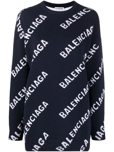 Shop Balenciaga Repeat-logo Intarsia-knit Jumper In Blue