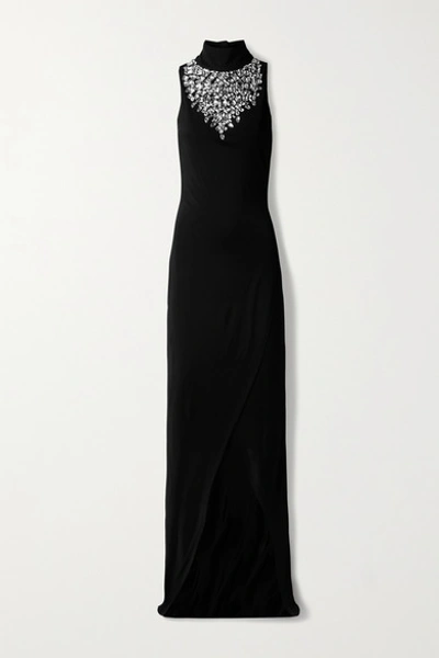 Shop Balmain Crystal-embellished Stretch-jersey Turtleneck Gown In Black