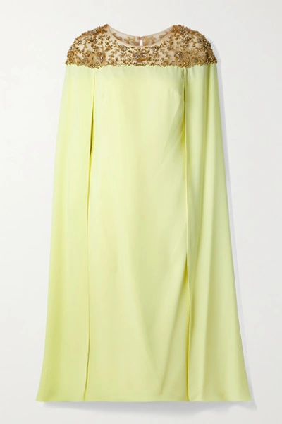 Shop Marchesa Notte Cape-effect Embellished Tulle And Crepe Midi Dress In Pastel Yellow