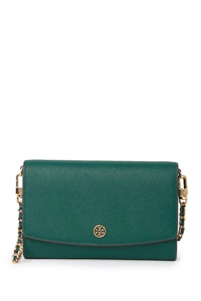 Shop Tory Burch Robinson Leather Wallet On A Chain In Malachite