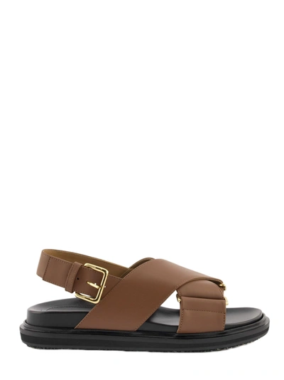 Shop Marni Criss-cross Fussbett Calfskin Sandal In Brown