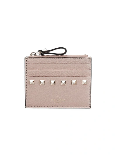Shop Valentino Women's Rockstud Leather Zip Card Case In Poudre