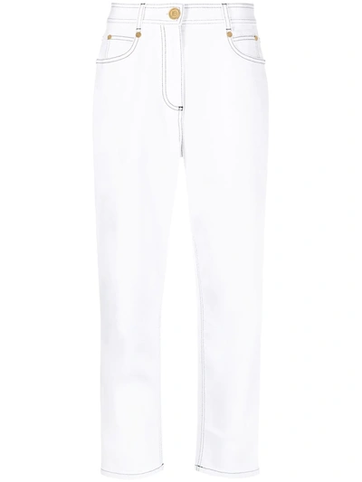 Shop Balmain Cropped Boyfriend Jeans In White