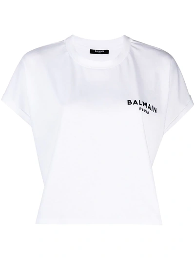 Shop Balmain Logo-embroidered Cropped T-shirt In White