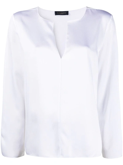 Shop Piazza Sempione Satin Long-sleeved Blouse In White