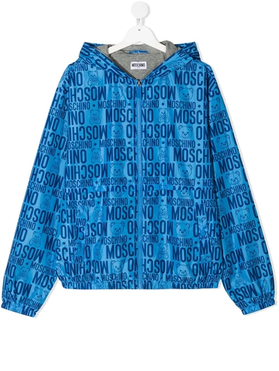 Shop Moschino Teen Monogram Print Bomber Jacket In Blue