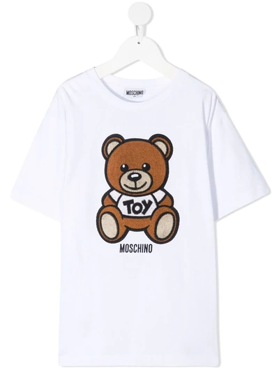 Shop Moschino Bear Logo Patch Round Neck T-shirt In White