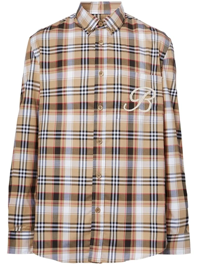 Shop Burberry Logo-embroidered Check Shirt In Neutrals