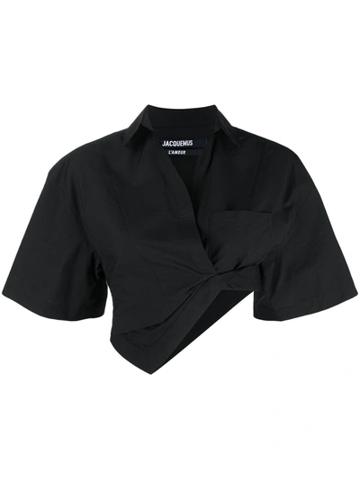 Shop Jacquemus Cropped Asymmetric Shirt In Black