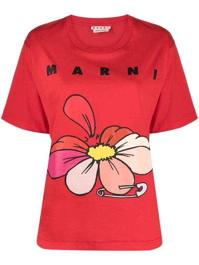 Shop Marni Floral Logo T-shirt In Red