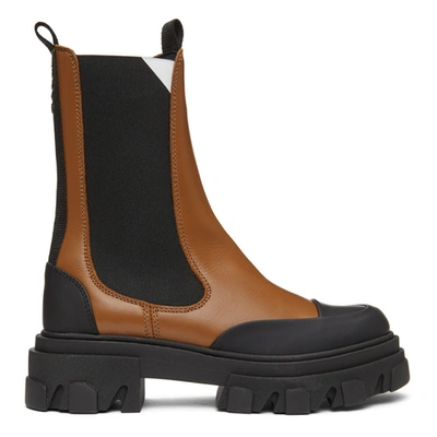 Shop Ganni Brown Leather Mid-calf Chelsea Boots In 177 Tiger's