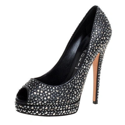 Pre-owned Casadei Black Leather Swarovski Crystal Embellished Peep Toe Pumps Size 37