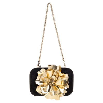 Pre-owned Gucci Black Suede Golden Flower Embellished Broadway Clutch
