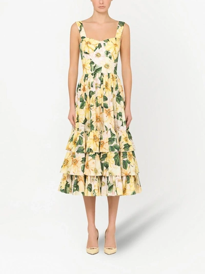 Shop Dolce & Gabbana Floral Print Midi Dress In Yellow