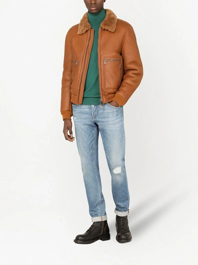 Shop Dolce & Gabbana Shearling Lined Bomber Jacket In Brown