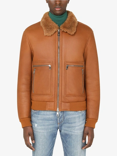 Shop Dolce & Gabbana Shearling Lined Bomber Jacket In Brown