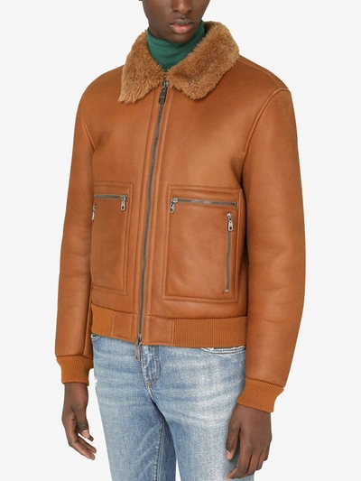 Shop Dolce & Gabbana Shearling Lined Bomber Jacket In Brown