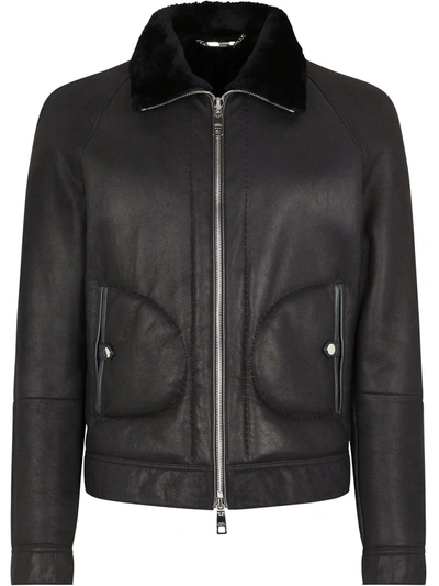 Shop Dolce & Gabbana Shearling Lined Bomber Jacket In Blue