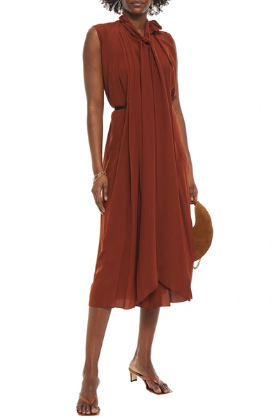 Shop Victoria Beckham Tie-neck Embellished Silk Crepe De Chine Midi Dress In Brick