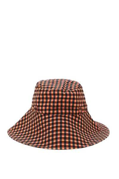 Shop Ganni Seersucker Check Bucket Hat In Flame (red)
