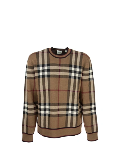 Shop Burberry Naylor - Check Merino Wool Jacquard Sweater In Birch Brown