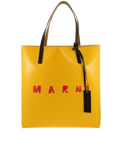 Shop Marni Logo Print Two-tone Pvc Tote In Yellow