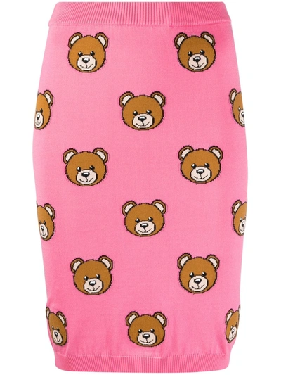 Shop Moschino Teddy Print Knitted Skirt In Pink