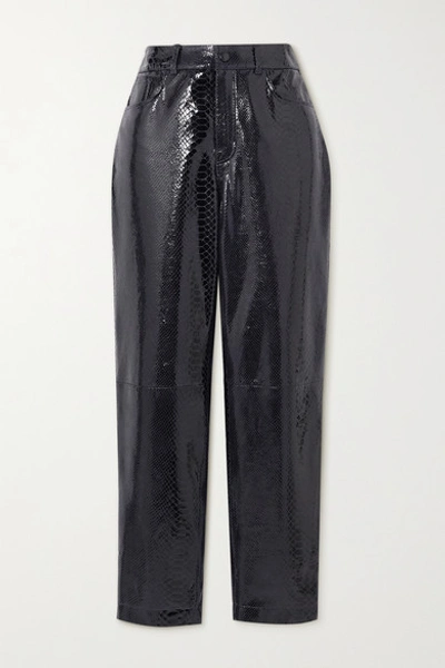 Shop Remain Birger Christensen Elsa Cropped Snake-effect Patent-leather Straight-leg Pants In Black