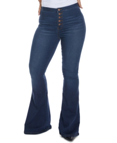 Shop Dollhouse Juniors' High-rise Button-fly Flare Jeans In Dark Blue