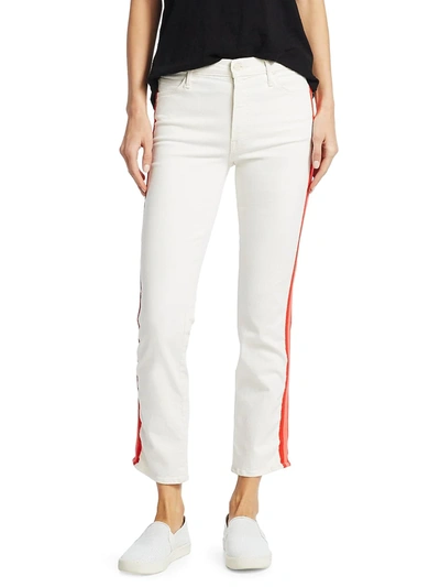 Shop Mother Women's The Dazzler Mid-rise Crop Straight-leg Racing Stripe Jeans In Whipping The Cream Pink Racer