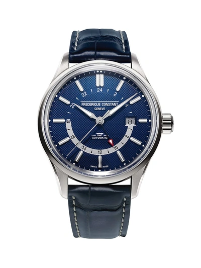 Shop Frederique Constant Yacht Timer Gmt Stainless Steel & Alligator Strap Watch In Blue