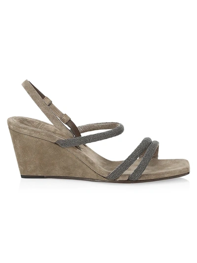 Shop Brunello Cucinelli Monili-trimmed Suede Wedge Slingback Sandals In Military