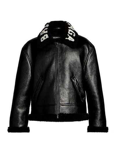Shop Balenciaga Cocoon Shearling Collar Leather Jacket In Black