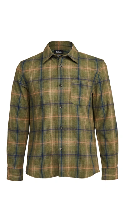 Shop Apc Trek Wool Flannel Plaid Shirt Jacket In Kaki