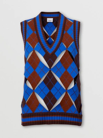 Shop Burberry Cut-out Detail Argyle Technical Wool Jacquard Vest In Bright Blue