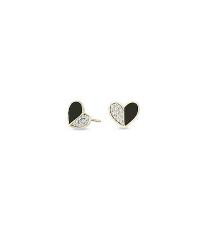 Shop Adina Reyter Black Ceramic Pave Folded Heart Posts In Yellow Gold In Multi