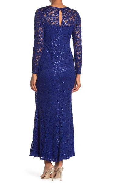 Shop Marina Sequin Lace Long Sleeve Gown In Cobalt