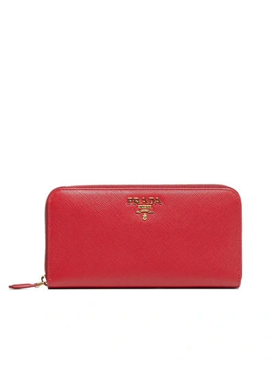 Shop Prada Logo Saffiano Leather Wallet In Fuoco