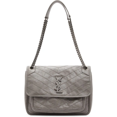 Niki Monogram Ysl Large Flap Shoulder Bag In Light Gray