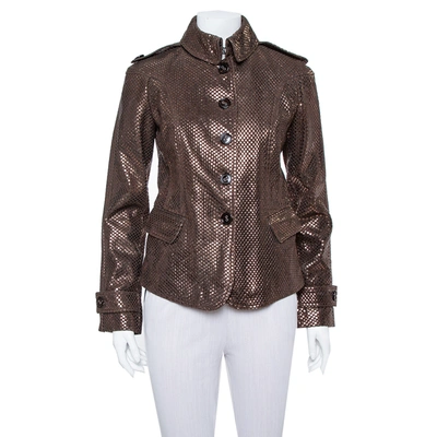 Pre-owned Burberry Brown Metal Embossed Leather Button Front Jacket S