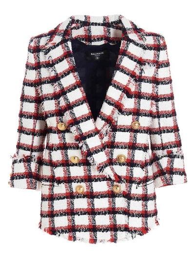 Shop Balmain Tweed Blazer In White And Red In Multi